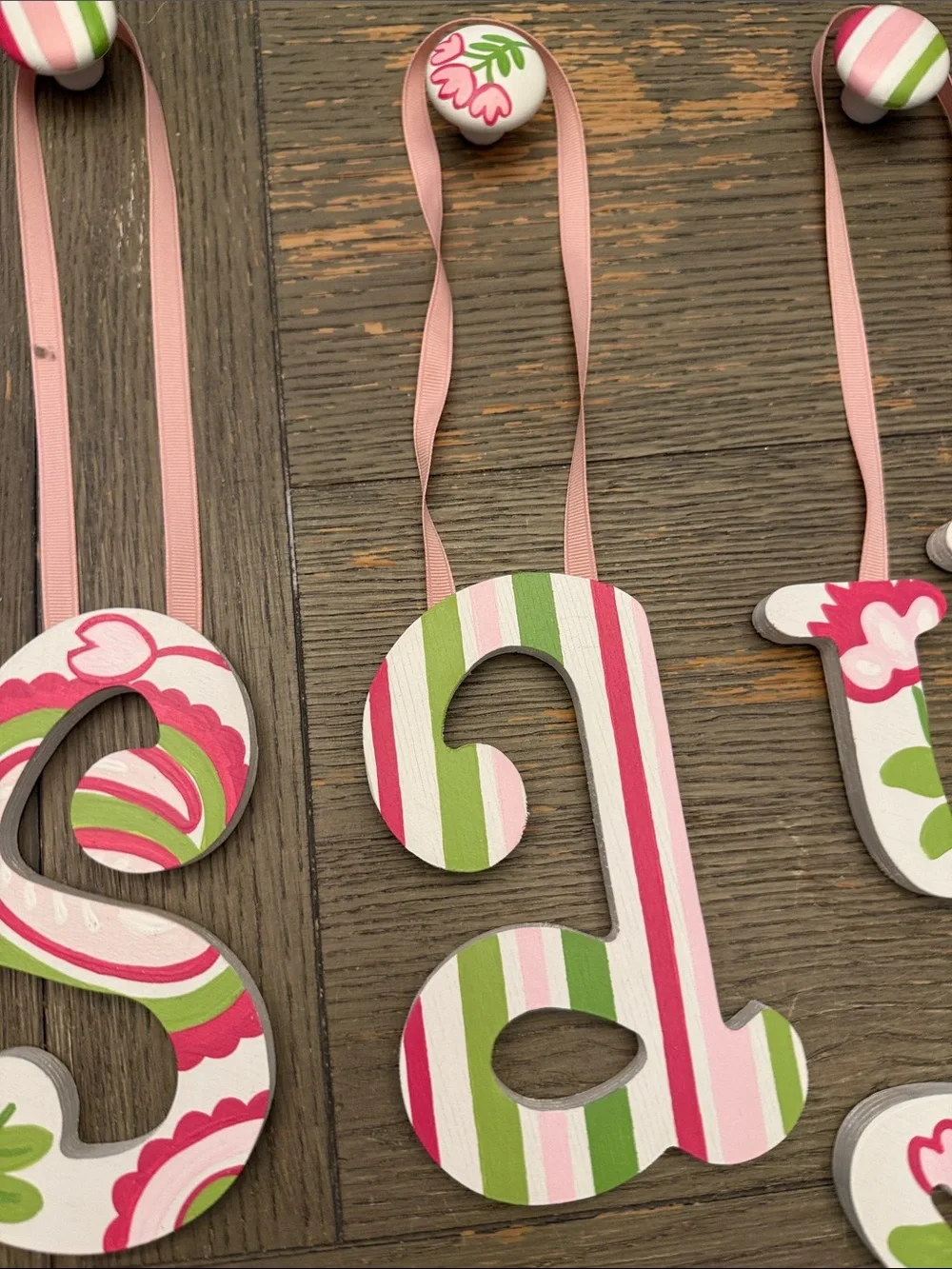 Hand painted custom made Decorative Hanging Letters in Pink, Green & White